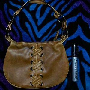 Tan and brown vintage shoulder bag with lace up detail bag